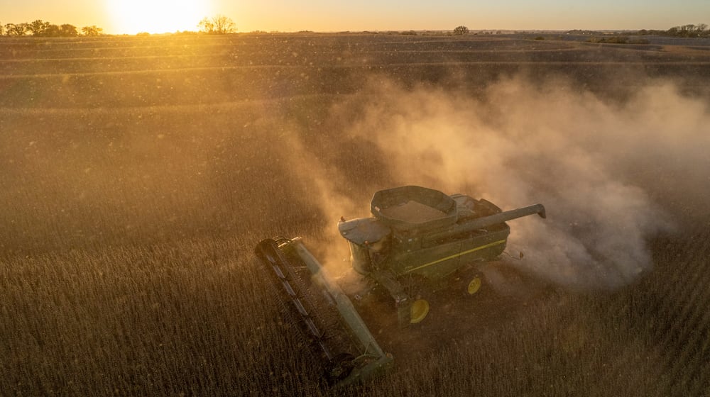 Rodney Egger harvests soybeans with a combine on Wednesday, Oct. 22, 2025, south of Lincoln, Neb. (Arthur H. Trickett-Wile/Lincoln Journal Star via AP)