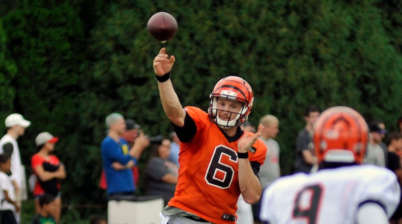 Cincinnati Bengals quarterback Jeff Driskel fires a pass to rookie wide receiver Karel Hamilton during Monday’s practice at Paul Brown Stadium. JAY MORRISON/STAFF