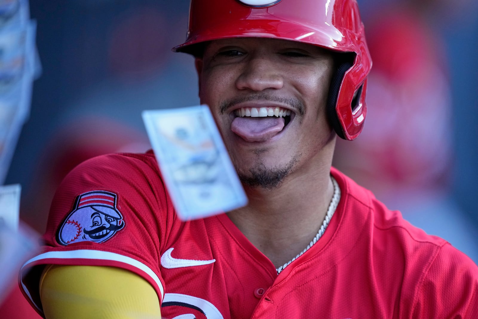 Cincinnati Reds' Noelvi Marte celebrates in the dugout after hitting a home run during the third inning of a baseball game against the Los Angeles Dodgers Wednesday, Aug. 27, 2025, in Los Angeles. (AP Photo/Mark J. Terrill)