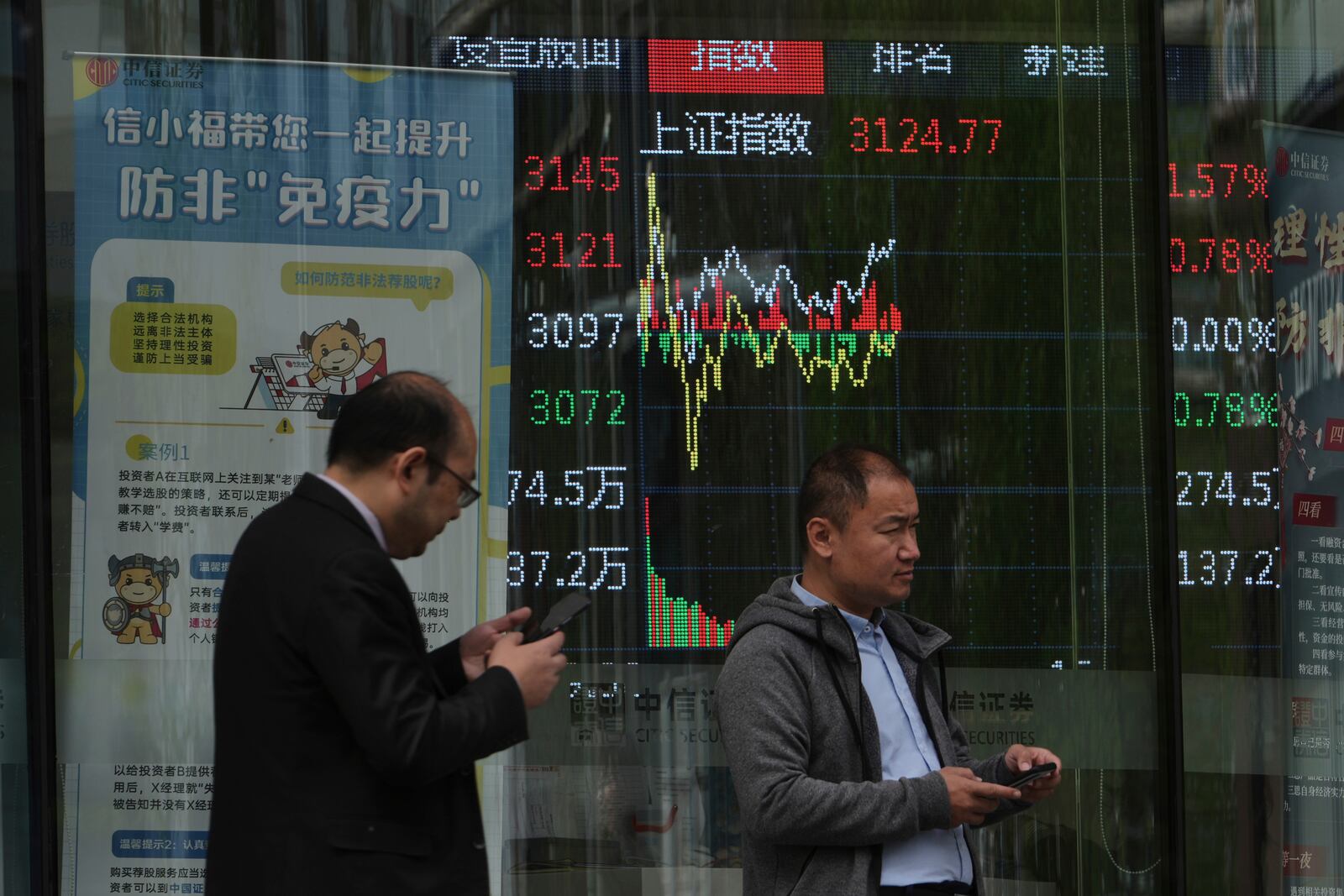 People walk past an electronic board displaying Shanghai shares trading index at a brokerage house, in Beijing, Tuesday, April 8, 2025. (AP Photo/Andy Wong)