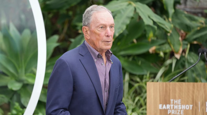 FILE - Michael Bloomberg prepares to speak at an Earthshot Prize Innovation Camp in London on June 27, 2024. (AP Photo/Kin Cheung, Pool, File)