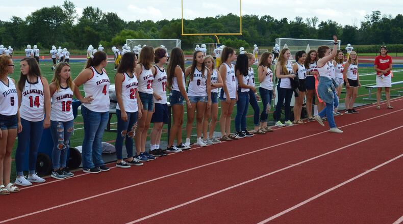 Members of the Talawanda field hockey team stand in front of the press box at the August 17 Meet the Team Night before the football team s scrimmage with Roger Bacon. Participants in all fall sports, band and cheerleading were introduced. CONTRIBUTED/BOB RATTERMAN