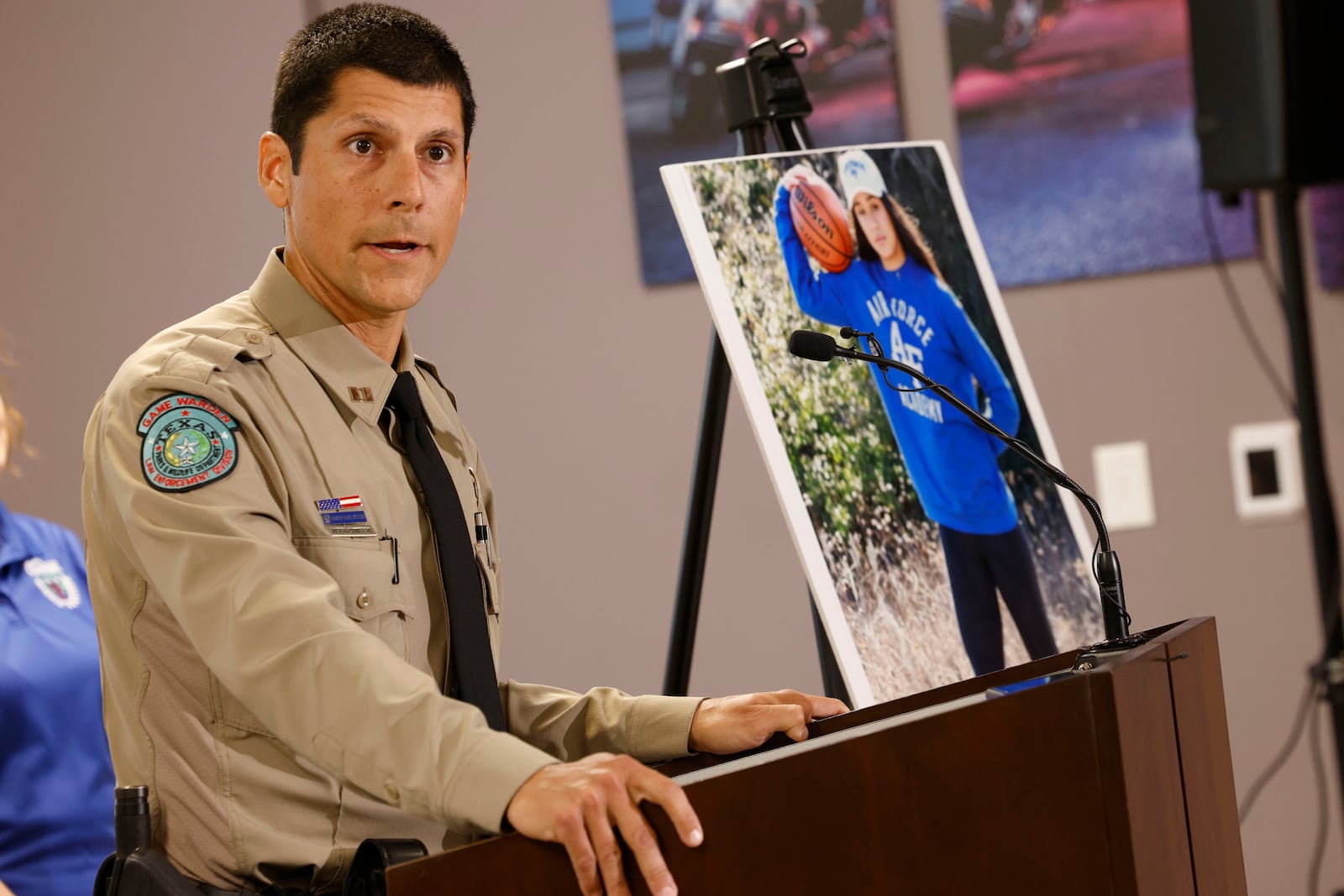 Texas Game Warden Captain Joseph Quintero speaks during a news conference, Wednesday, May 28, 2025, in Grapevine, Texas. (Chitose Suzuki/The Dallas Morning News via AP)