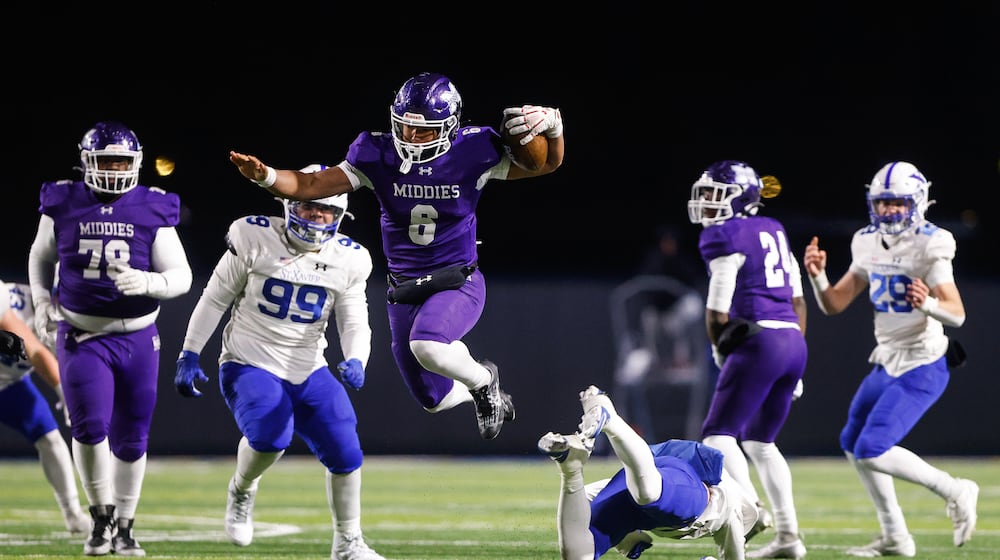 Middletown quarterback Joseph Ward carries the ball during their Division I State semifinal football game against St. Xavier Friday, Nov. 28, 2025 at Welcome Stadium in Dayton. NICK GRAHAM/STAFF