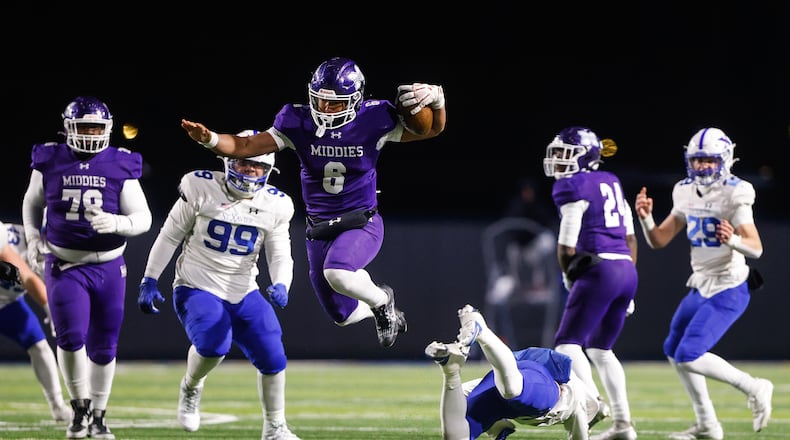 Middletown quarterback Joseph Ward carries the ball during their Division I State semifinal football game against St. Xavier Friday, Nov. 28, 2025 at Welcome Stadium in Dayton. NICK GRAHAM/STAFF