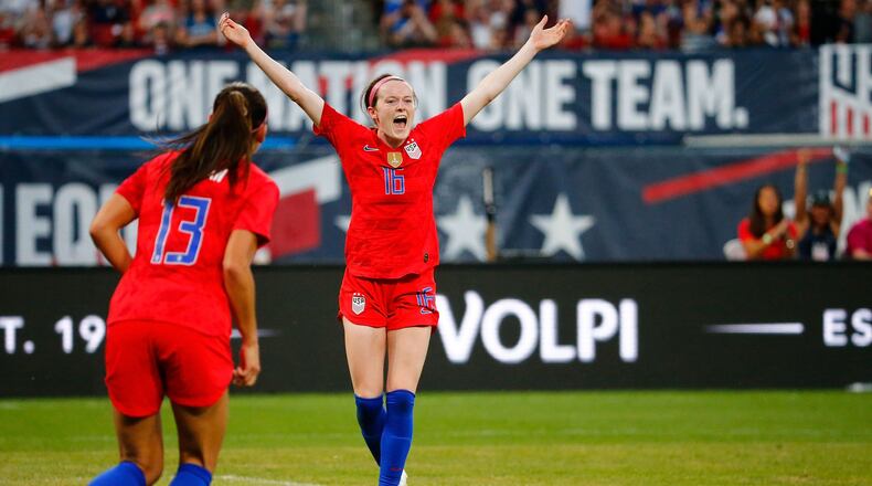 ST LOUIS, MO - MAY 16: Rose Lavelle #16 of the United States celebrates after scoring a goal against New Zealand at Busch Stadium on May 16, 2019 in St Louis, Missouri. (Photo by Dilip Vishwanat/Getty Images)