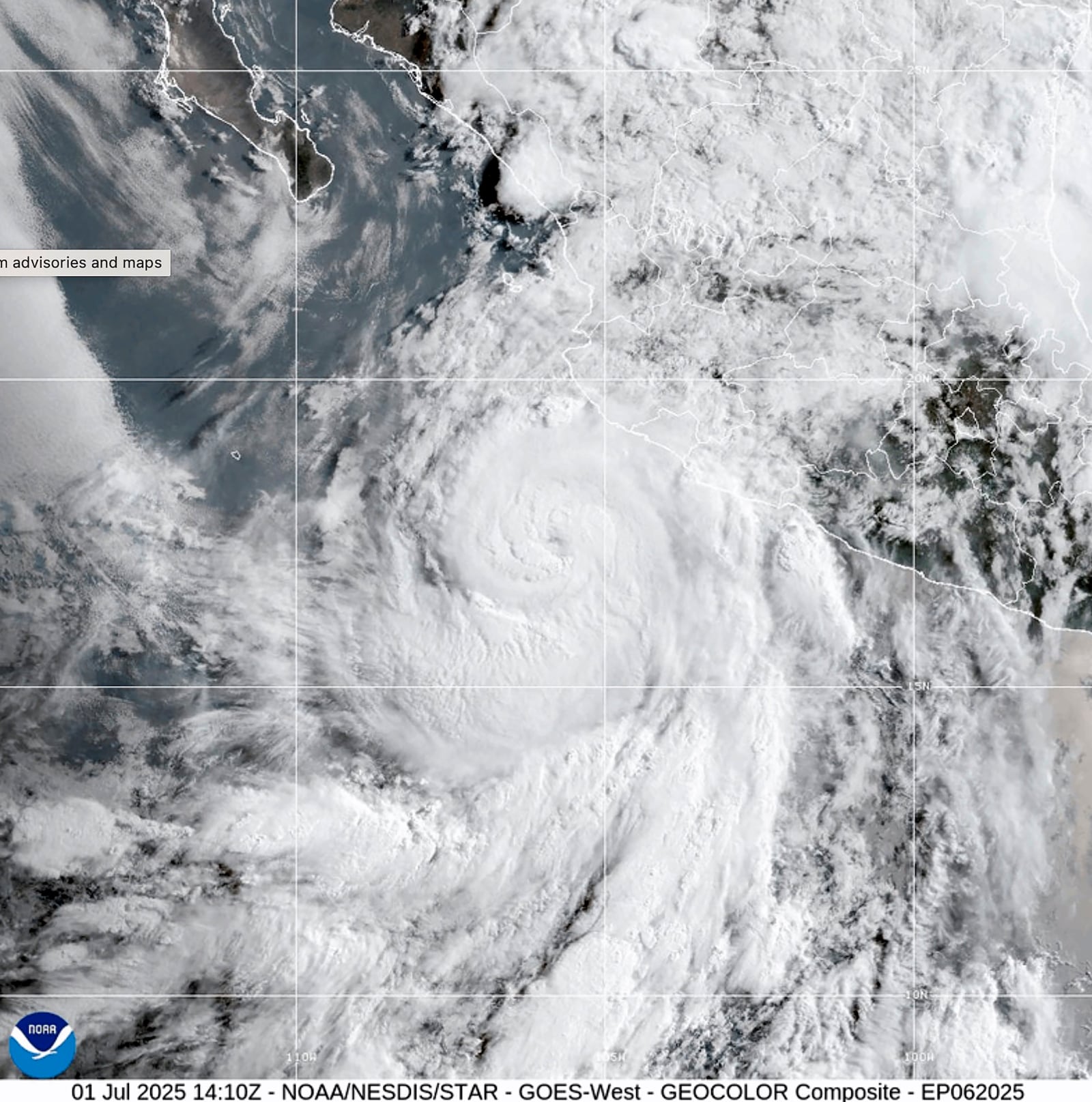 This satellite image provided by the National Oceanic and Atmospheric Administration (NOAA) shows Hurricane Flossie, Monday, July 1, 2025. (NOAA via AP)