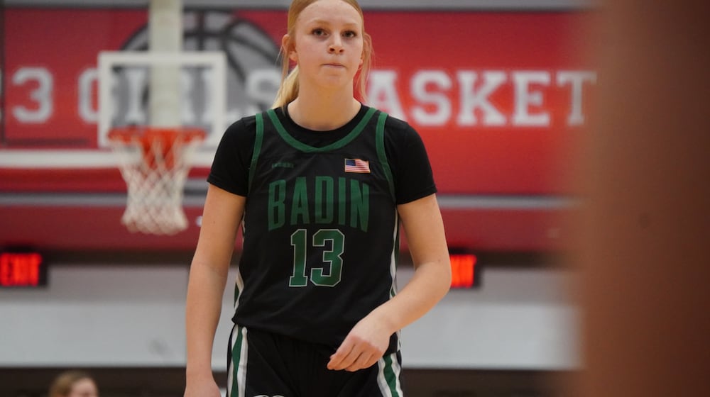 Badin's Ava O'Hara prepares to play defense against Talawanda during a Division III district semifinal game on Wednesday night at Princeton. CHRIS VOGT / CONTRIBUTED