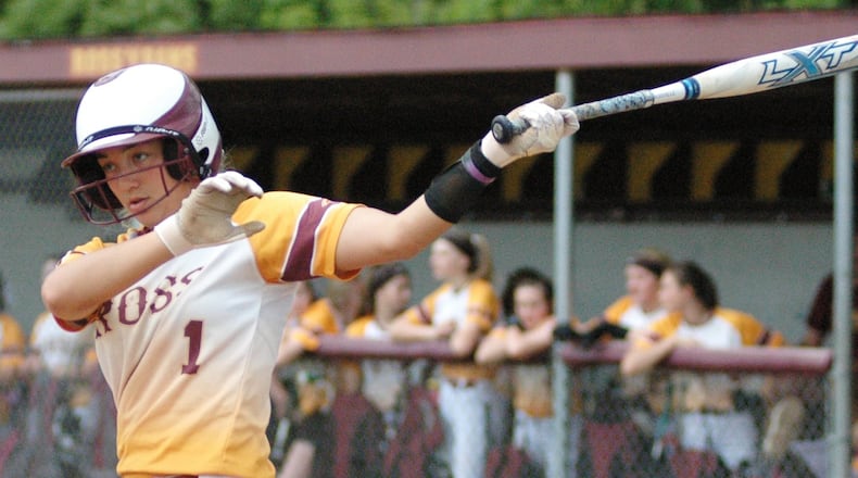 Kaitlyn Justice of Ross takes a practice swing as she looks for a sign from coach Pat Spurlock on Tuesday during a Division II sectional softball game against visiting Wyoming. Ross won 17-4 in five innings. RICK CASSANO/STAFF