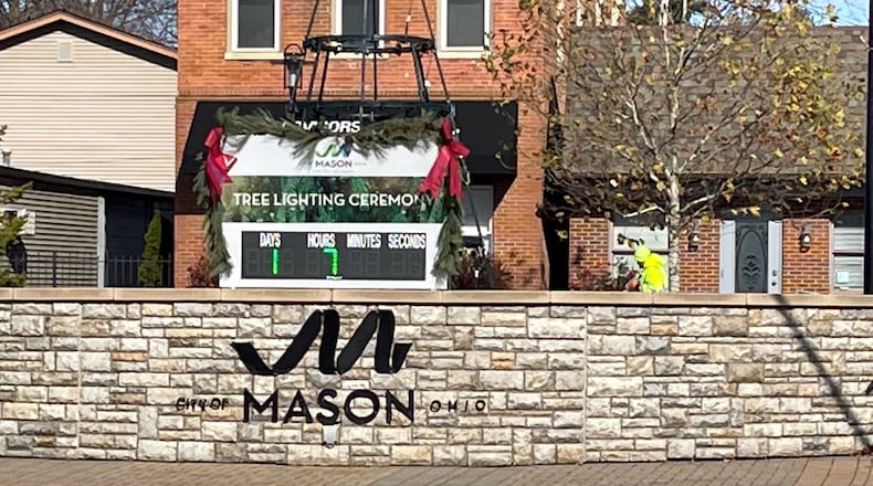 A digital clock on the Downtown Mason Plaza is counting down the minutes until the annual Christmas tree lighting ceremony and fun from 6:30 to 8:30 p.m. Friday, Dec. 2. CONTRIBUTED
