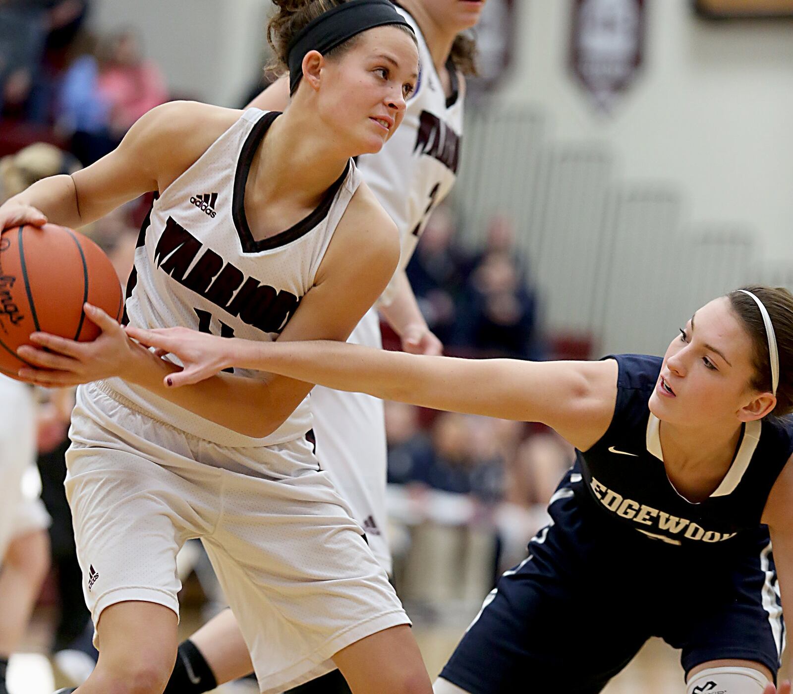 Lebanon guard Ashley West tries to keep the ball away from Edgewood guard Tori Childers during their game at Lebanon on Monday night. CONTRIBUTED PHOTO BY E.L. HUBBARD