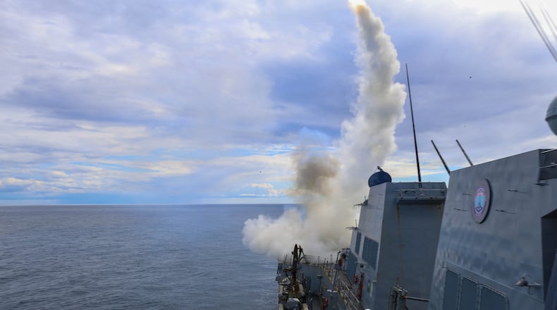 This image provided by U.S. Central Command shows the Arleigh Burke-class guided-missile destroyer USS Thomas Hudner (DDG 116) firing a Tomahawk Land Attack Missile (TLAM) in support of Operation Epic Fury, on Sunday, March 1, 2026. (U.S. Navy via AP)