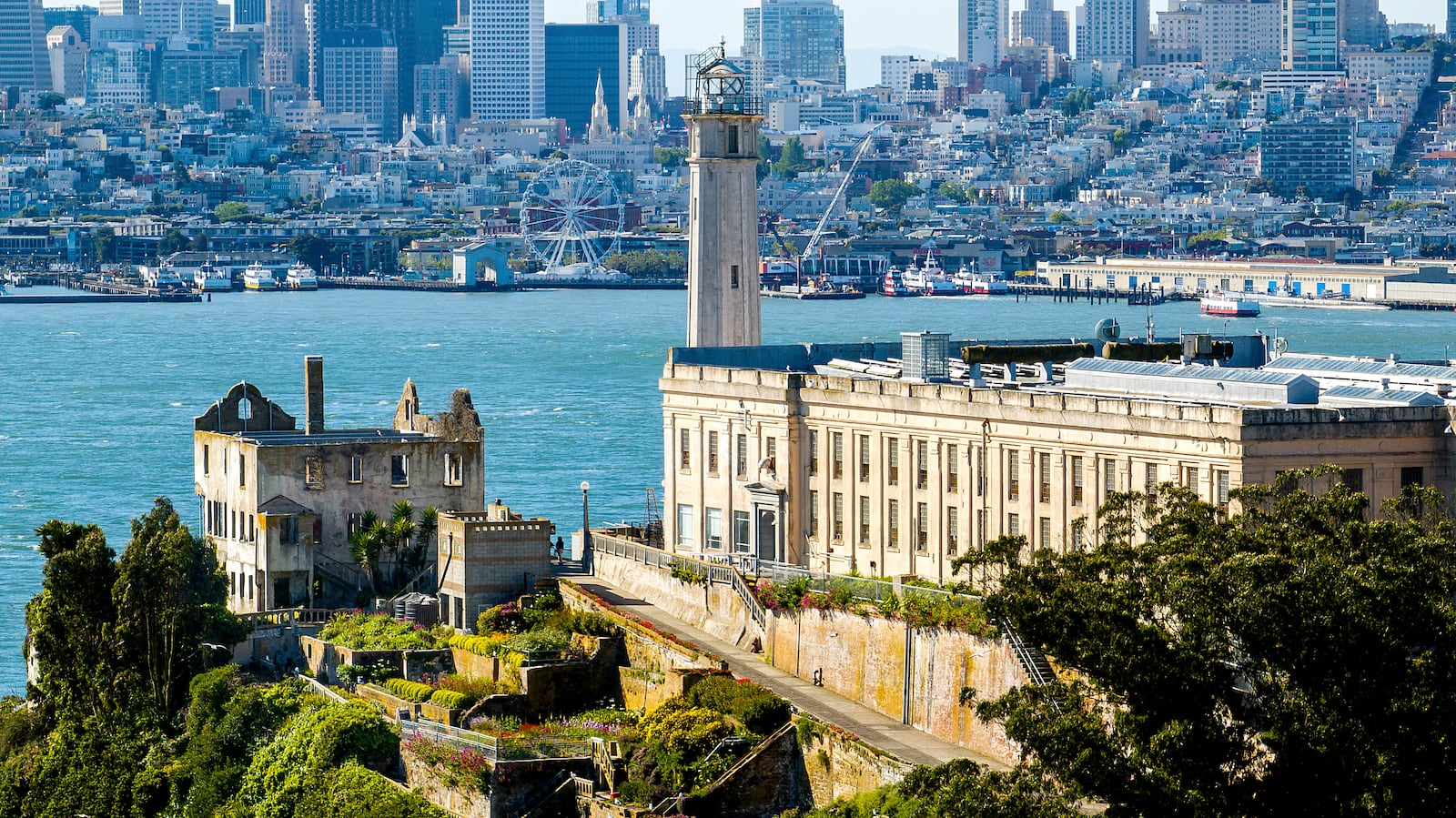 FILE - With San Francisco in the background, Alcatraz Island is pictured on Monday, May 5, 2025, in San Francisco. (AP Photo/Noah Berger, File)