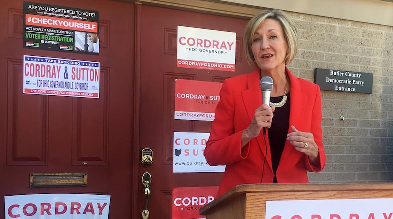 Ohio Democratic Lt. Gov. candidate Betty Sutton speaks to a crowd of Butler County Democrats at a Sept. 28 rally. MICHAEL D. PITMAN/STAFF