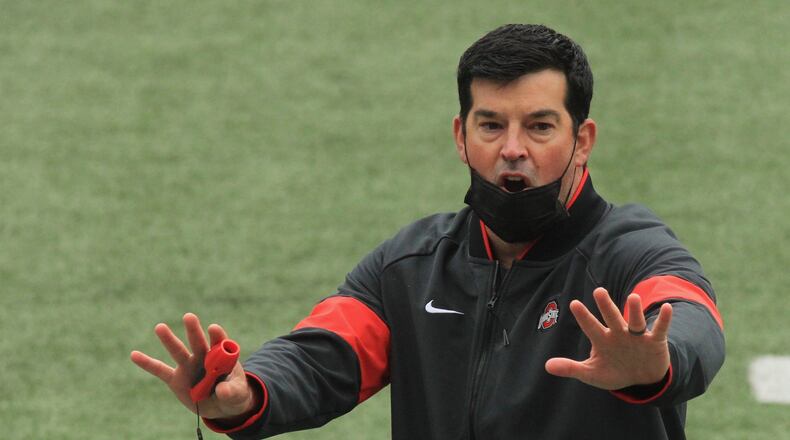 Ohio State's Ryan Day talks to his players during practice at Ohio Stadium on Saturday, Oct. 3, 2020, in Columbus. David Jablonski/Staff