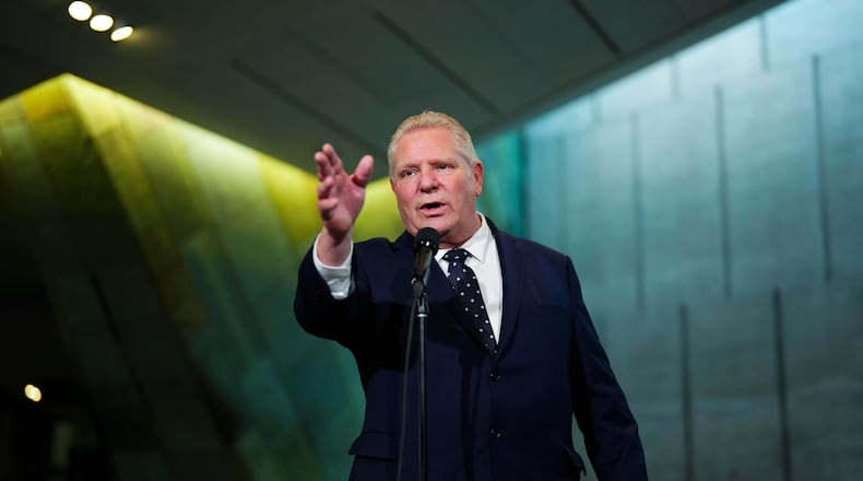 FILE - Ontario Premier Doug Ford speaks to reporters following the First Ministers Meeting at the National War Museum March 21, 2025, in Ottawa, Canada. (Sean Kilpatrick/The Canadian Press via AP, File)