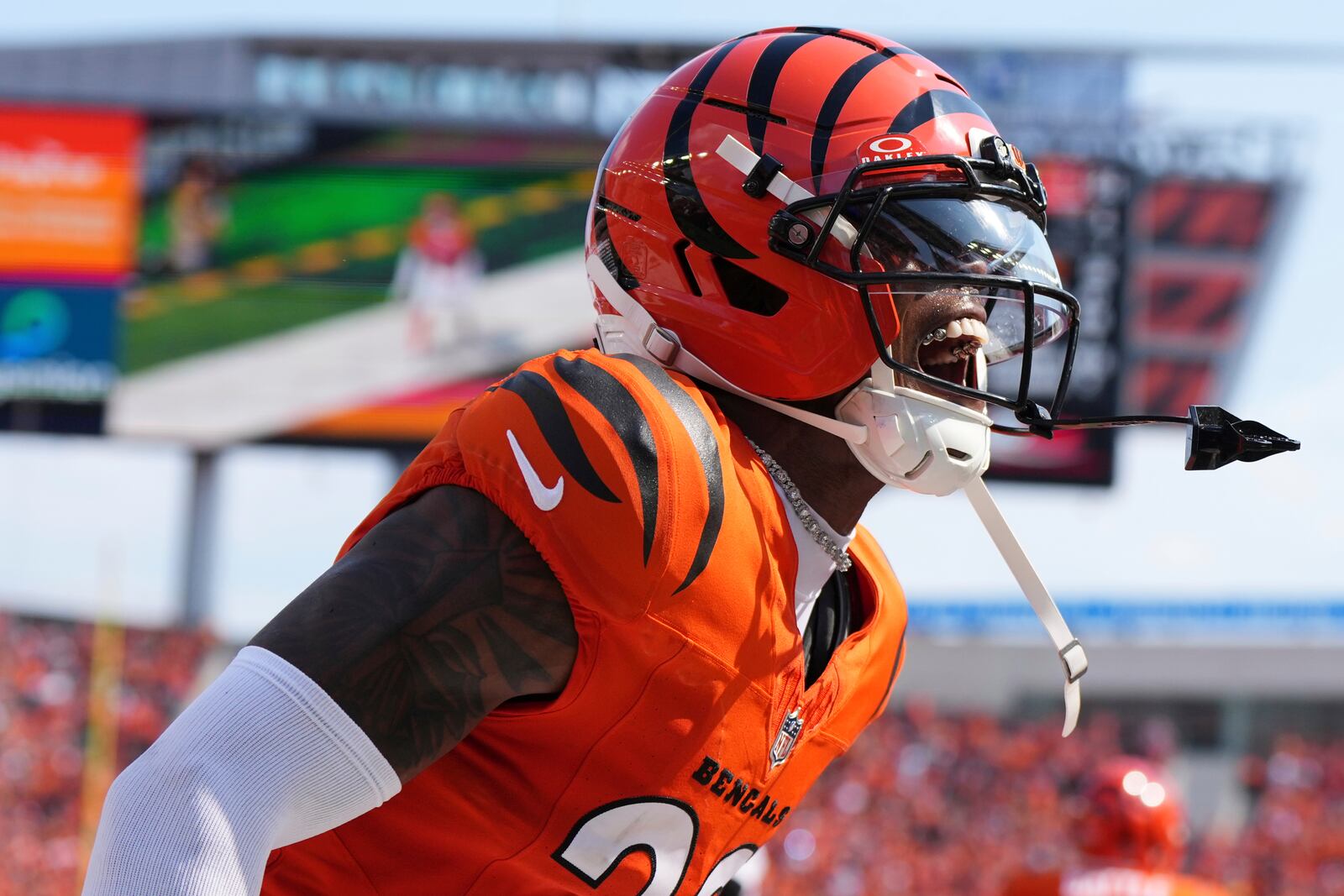 Cincinnati Bengals cornerback Cam Taylor-Britt (29) reacts after a defensive stop during the second half of an NFL football game against the Jacksonville Jaguars, Sunday, Sept. 14, 2025, in Cincinnati. (AP Photo/Jeff Dean)