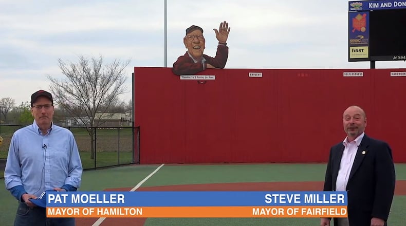 The mayors of Fairfield and Hamilton are challenging the public to patronize Richard’s Pizza in their respective cities by ordering one of their “famous” steak sandwiches and then telling them to donate one to the Heroes Fund, which a second steak sandwich will be donated to hospital personnel and first responders. The challenge runs from April 20 to April 26, and the losing mayor must don an athletic hat from the winning city’s high school during the Miracle League Opening Day Parade. PROVIDED/YOUTUBE.COM