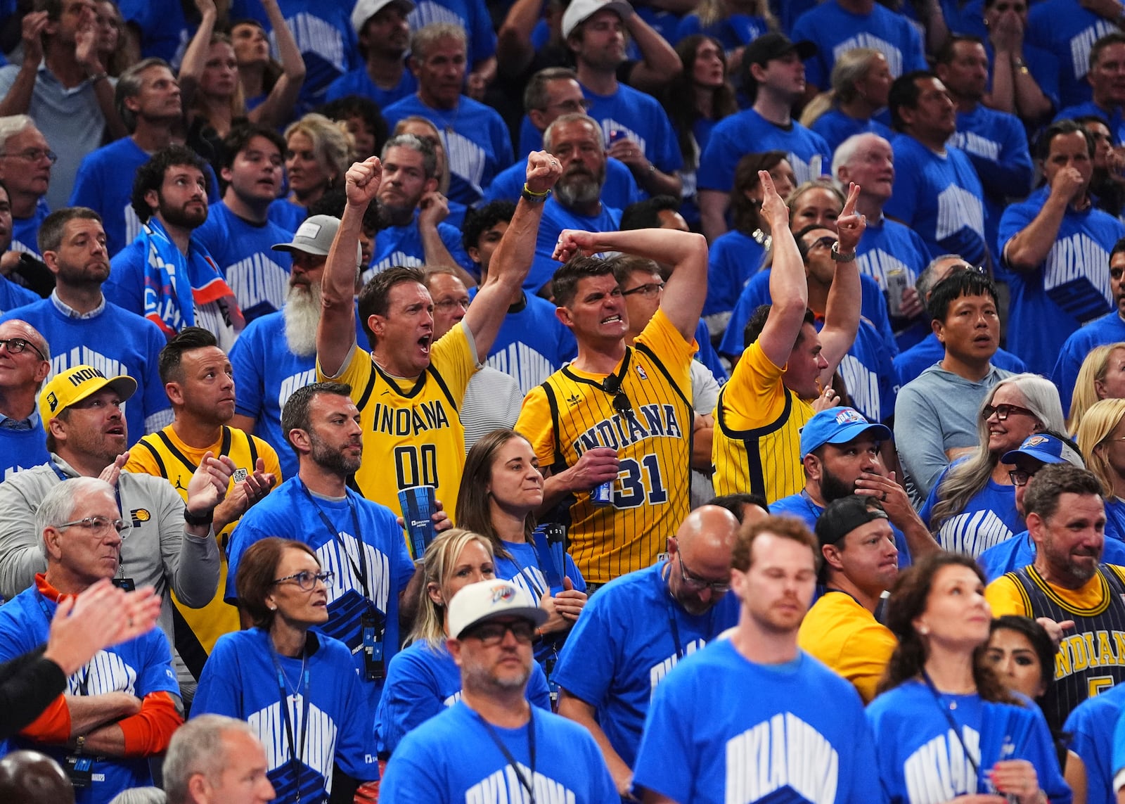 Indiana Pacers fans cheer during the second half of Game 7 of the NBA Finals basketball series against the Oklahoma City Thunder Sunday, June 22, 2025, in Oklahoma City. (AP Photo/Julio Cortez)