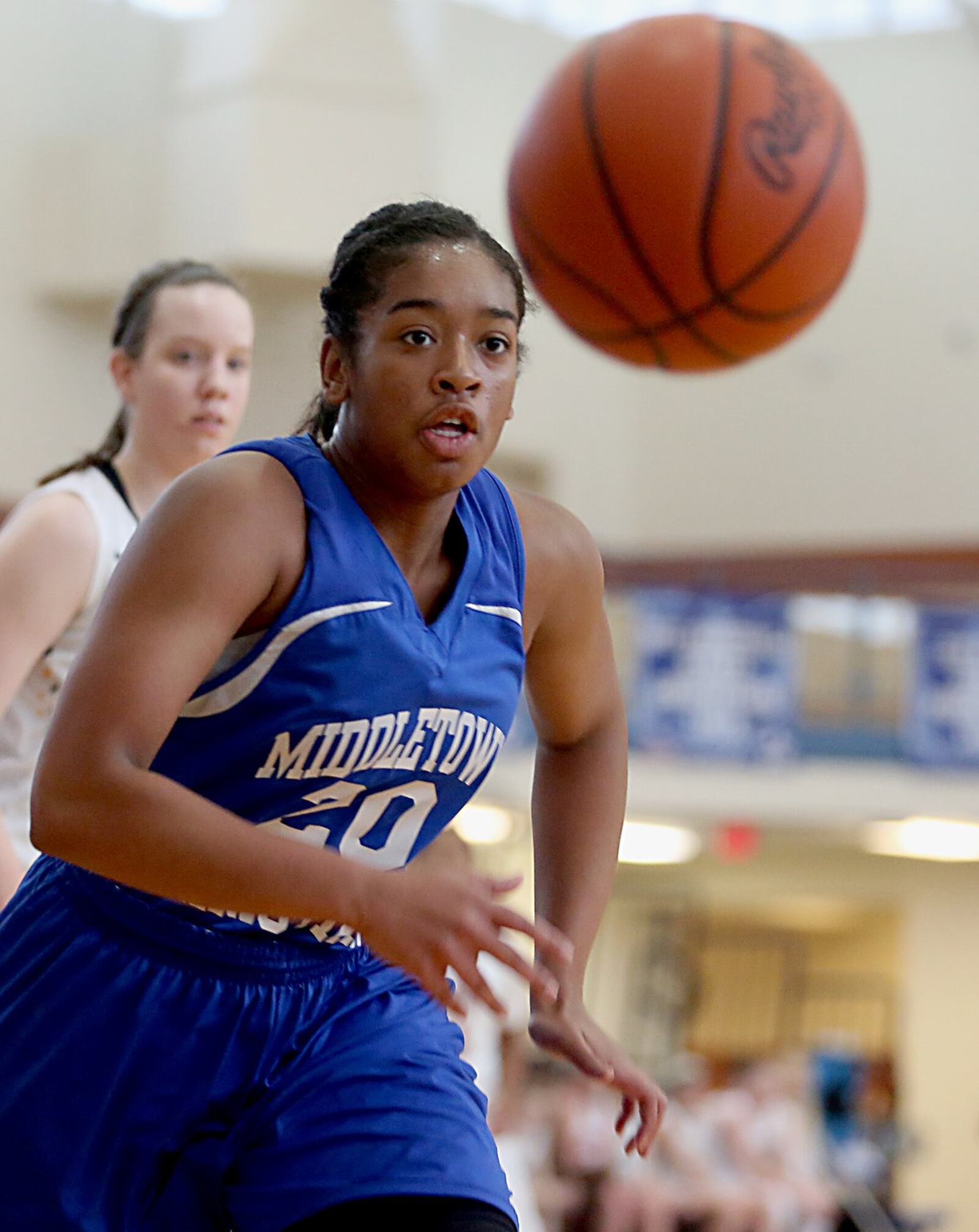Middletown Christian’s Aubriana Bellard chases a loose ball out of bounds during Saturday’s inaugural All-Butler County All-Star girls basketball game at the Hamilton Athletic Center. CONTRIBUTED PHOTO BY E.L. HUBBARD