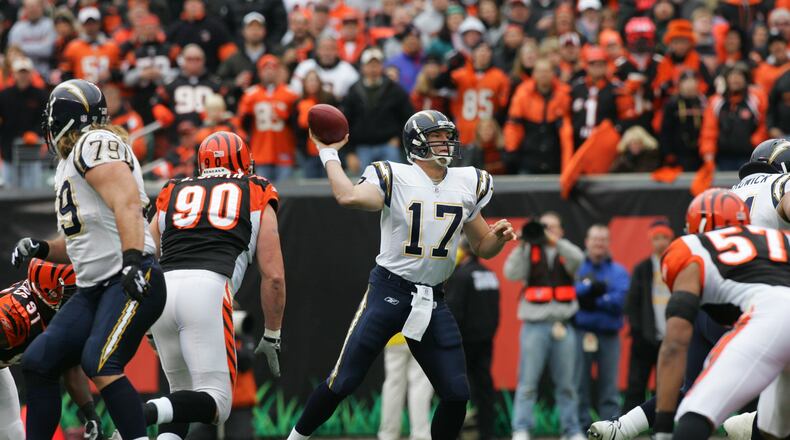 CINCINNATI - NOVEMBER 12: Quarterback Philip Rivers #17 of the San Diego Chargers throws the ball during the game against the Cincinnati Bengals on November 12, 2006 at Paul Brown Stadium in Cincinnati, Ohio. The Chargers defeated the Bengals 49-41. (Photo by Jim McIsaac/Getty Images)