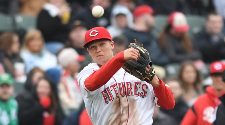 Nick Senzel throws to first base during the Reds Futures Game at Fifth Third Field on Saturday, April 1, 2017. Nick Falzerano/Contributed