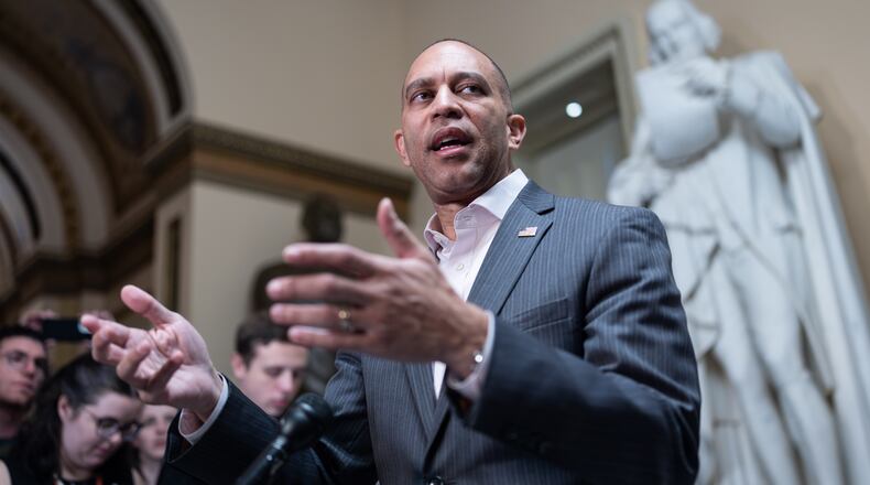 House Minority Leader Hakeem Jeffries, D-N.Y., meets with reporters near the closed House chamber on day 24 of the government shutdown, at the Capitol in Washington, Friday, Oct. 24, 2025. (AP Photo/J. Scott Applewhite)