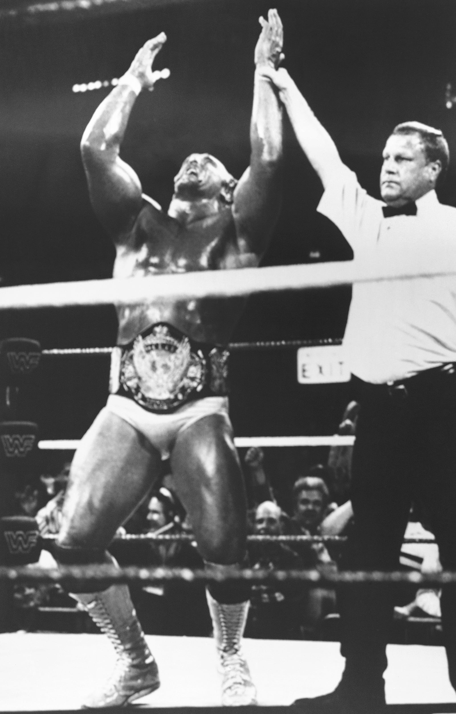 FILE - Hulk Hogan, left, wins back the World Wrestling Federation Title as he his declared the winner after defeating Randy "Macho Man" Savage during WrestleMania V, sponsored by Trump Plaza Hotel Casino, Sunday, April 4, 1989, in Atlantic City, N.J. (AP Photo/B. Vartan Boyajian, File)