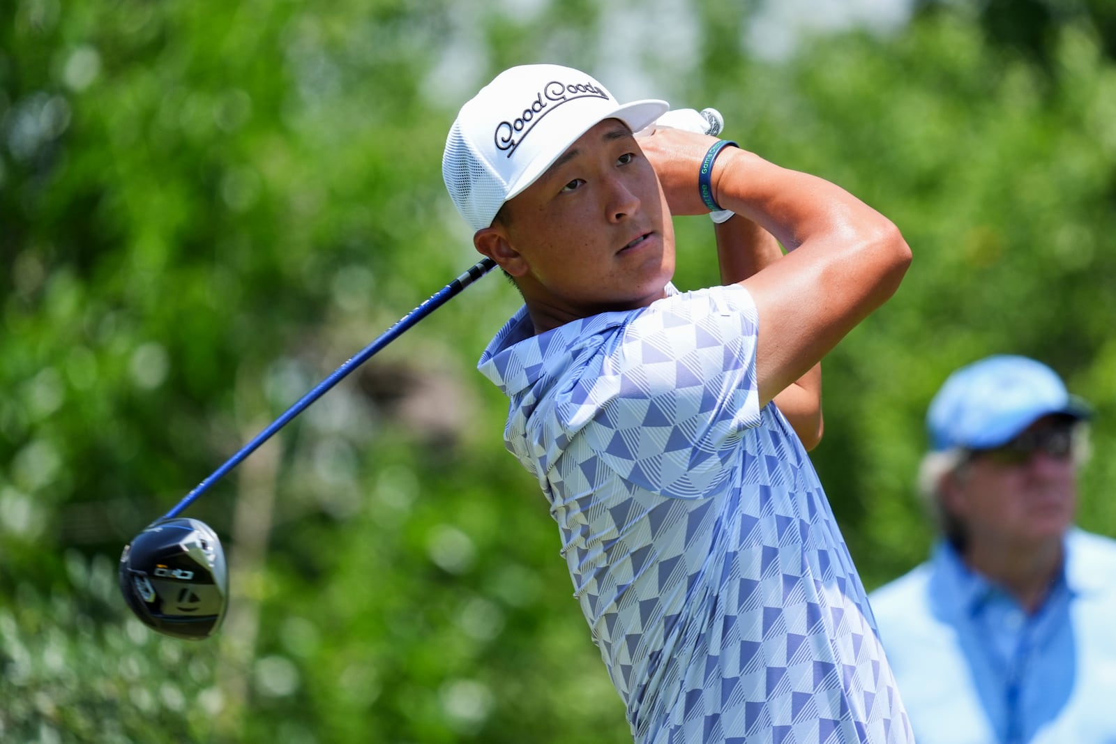 John Pak hits off the ninth tee during the first round of the Charles Schwab Challenge golf tournament at Colonial Country Club in Fort Worth, Texas, Thursday, May 22, 2025. (AP Photo/LM Otero)