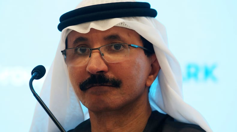 FILE - Sultan Ahmed bin Sulayem, the group chairman and CEO of Dubai-backed port operator DP World, listens during a news conference in Dubai, United Arab Emirates, Thursday, March 14, 2019. (AP Photo/Jon Gambrell,File)