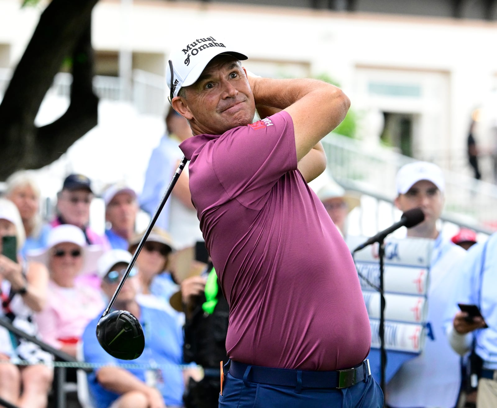 Padraig Harrington hits from the first tee during the third round of the U.S. Senior Open Championship golf tournament at The Broadmoor, Saturday, June 28, 2025, in Colorado Springs, Colo. (Andy Cross/The Denver Post via AP)