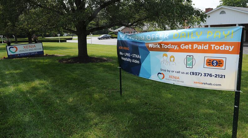 The Xenia Health and Rehab, located at 126 Wilson Drive, is offering daily pay for RNs, LPNS, STNAs and hospitality aides. Competition for direct care workers is heating up around the Miami Valley and facilities are upping incentives. MARSHALL GORBY\STAFF