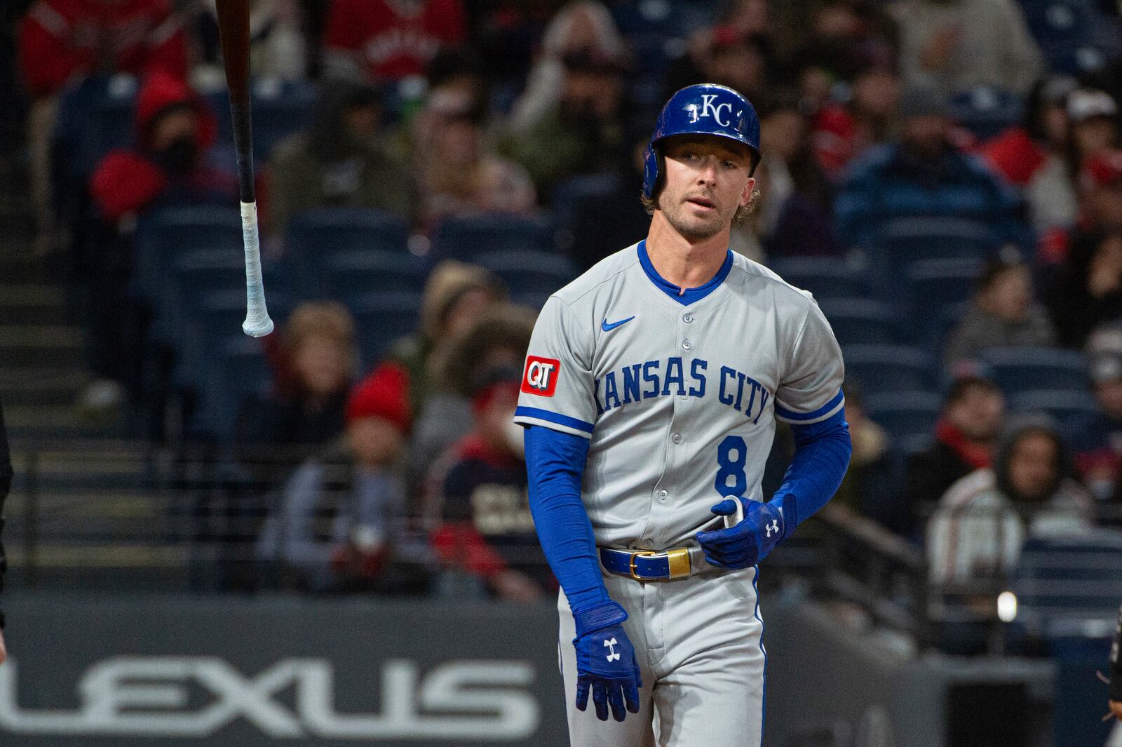Kansas City Royals' Drew Waters throws his bat after striking out against Cleveland Guardians relief pitcher Cade Smith during the eighth inning of a baseball game in Cleveland, Saturday, April 12, 2025. (AP Photo/Phil Long)