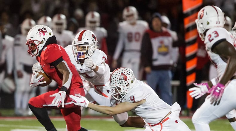 Fairfield’s Jutahn McClain (9) carries the ball during their football game Friday, Nov. 1, 2019 at Fairfield Stadium. Colerain put an end to Fairfield’s undefeated season with a 16-10 overtime win. Fairfield ended the regular season 9-1. NICK GRAHAM/STAFF