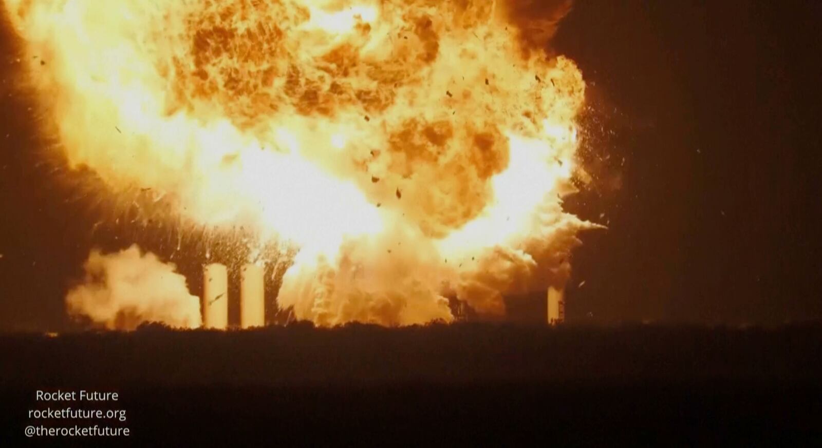 This image provided by rocketfuture.org shows a SpaceX rocket explodes at Starbase, SpaceX’s launch site at the southern tip of Texas late Wednesday, June 18, 2025. (rocketfuture.org via AP)