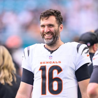 FILE - Cincinnati Bengals quarterback Joe Flacco (16) smiles on the sidelines during an NFL football game against the Miami Dolphins, Dec. 21, 2025, in Miami Gardens, Fla. (AP Photo/Doug Murray, File)
