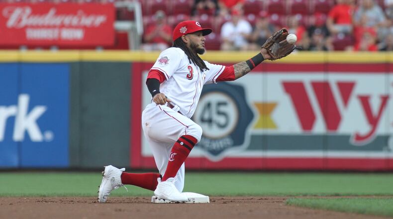 Reds second baseman Freddy Galvis warms up before a game against the Cardinals on Thursday, Aug. 15, 2019, at Great American Ball Park in Cincinnati. David Jablonski/Staff