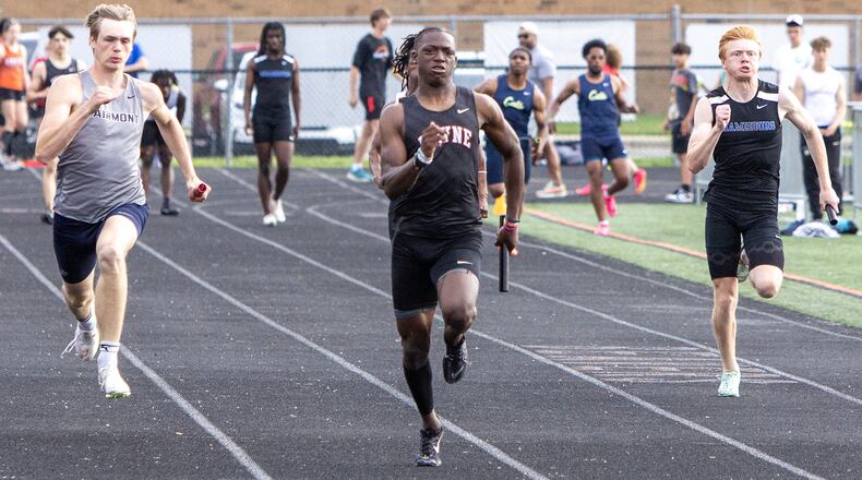 Wayne freshman Jamier Averette-Brown anchors the winning 4x100-meter relay team at the GWOC meet Wednesday at Beavercreek High School. Jeff Gilbert/CONTRIBUTED