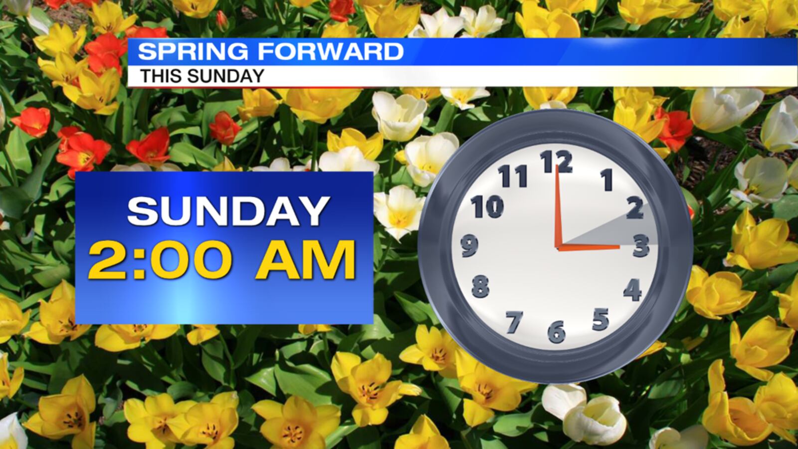 Don't forget to set your clocks ahead one hour before bedtime tonight. Daylight Saving Time begins at 2 a.m., when clocks will spring forward to 3 a.m.