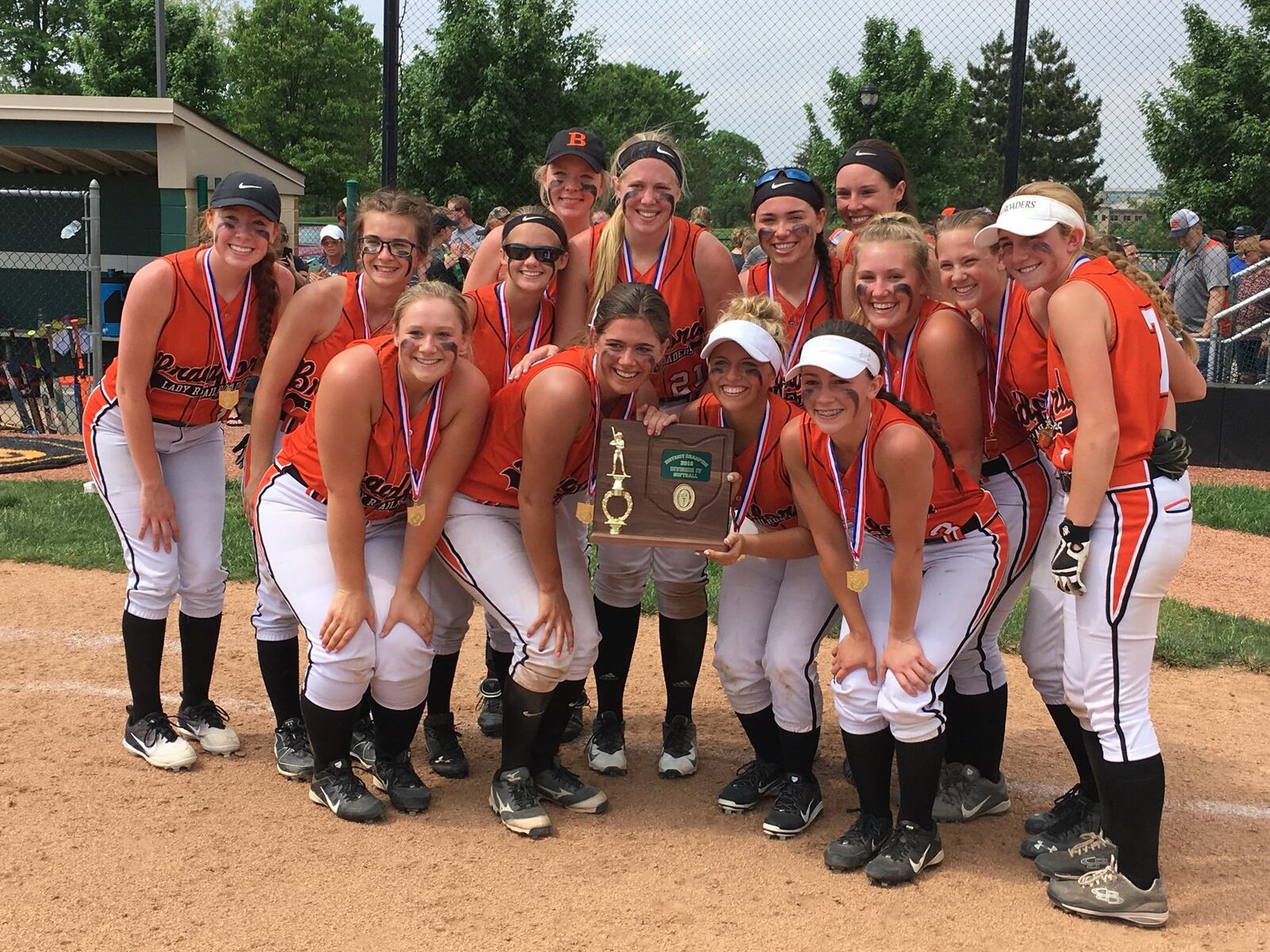 The Bradford Railroaders pose for a team photo after defeating Cincinnati Christian 2-1 in eight innings in a Division IV district final Sunday afternoon at Mason. RICK CASSANO/STAFF