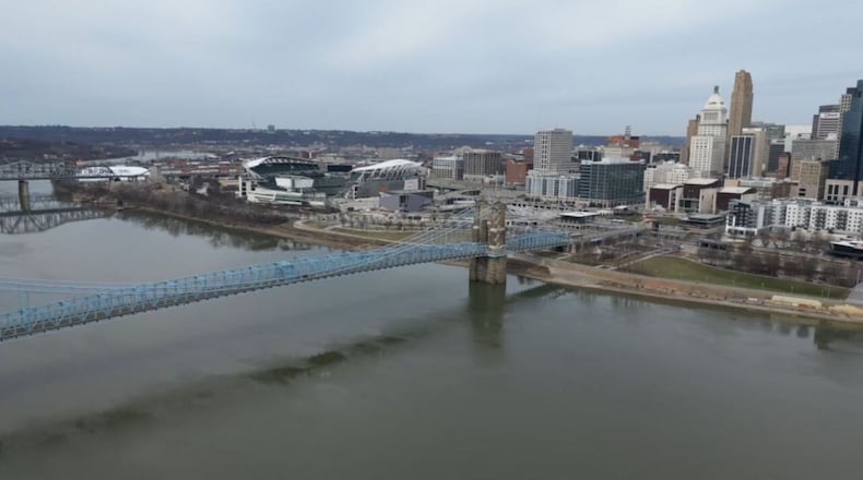 The Ohio River is seen by looking at Cincinnati from Covington, Ky. Greater Cincinnati Water Works closed Cincinnati's water intake in the Ohio River ahead of anticipated contaminated water from the East Palestine train derailment, the agency announced. MADDY SCHMIDT/WCPO