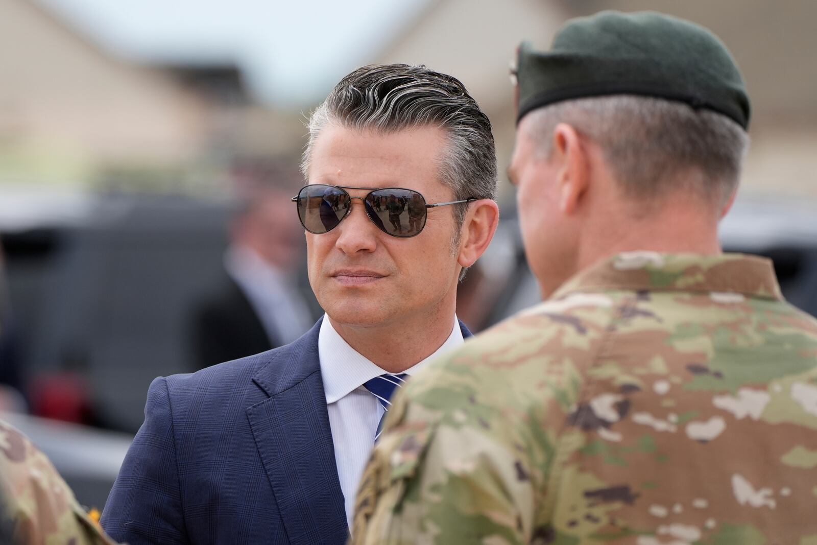 Defense Secretary Pete Hegseth arrives with President Donald Trump at Fort Bragg, Tuesday, June 10, 2025, in Fort Bragg, N.C. (AP Photo/Alex Brandon)