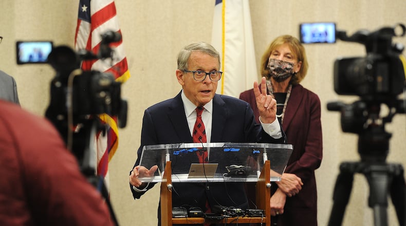 Ohio Gov. Mike DeWine is in Dayton this Monday morning, March 8, 2021 visiting the Bethesda Temple vaccination site on Salem Avenue in Harrison Twp. MARSHALL GORBY\STAFF