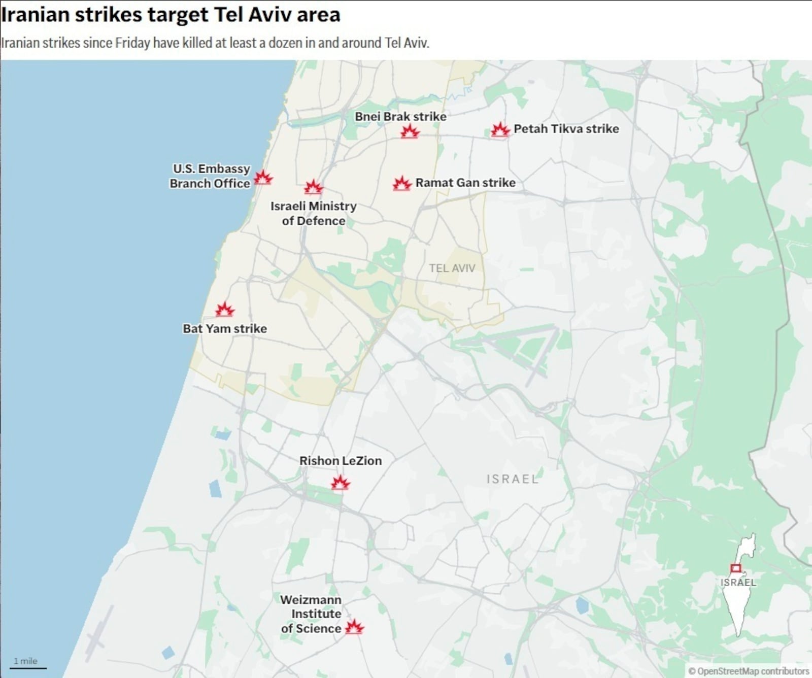 The map above shows where Iran has struck in the Tel Aviv since Friday. (AP Graphic)