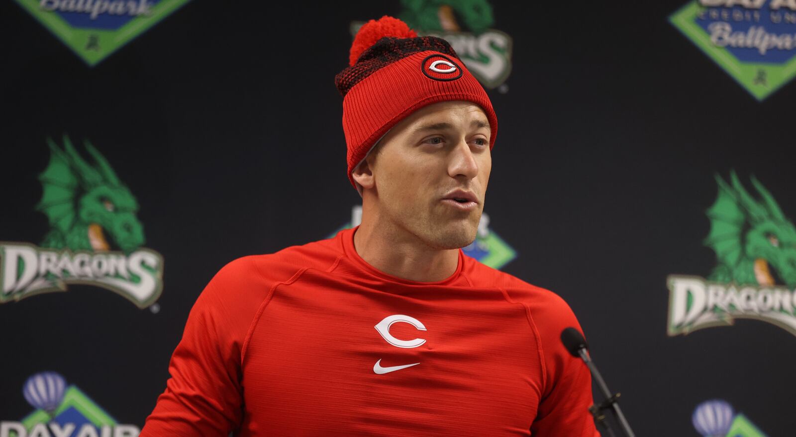 TJ Friedl, of the Reds, speaks at a press conference on Tuesday, March 25, 2025, at Day Air Ballpark in Cincinnati. David Jablonski/Staff