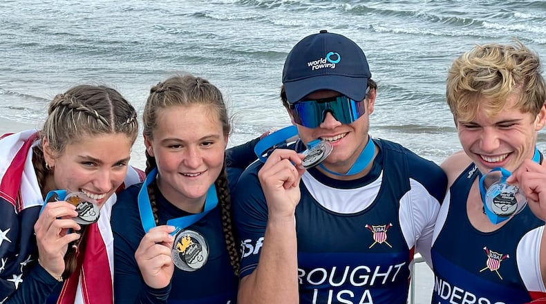 The Great Miami Rowing Center sent several to the World Rowing Coastals' competition in Wales and had multiple podium finishes. Pictured are, from left, Annalie Duncomb, of Mason, and her junior women's doubles partner Annelise Hahl, of North Carolina, and Gary Rought, of Mason and his junior men's doubles partner Malachi Anderson, of Hamilton. Duncomb and Hahl took third in their event and Rought and Anderson took silver. PROVIDED