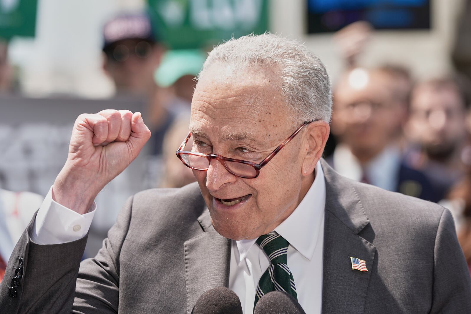 Sen. Minority Leader Chuck Schumer of N.Y., speaks during a news conference on the Voting Rights Advancement Act on Capitol Hill, Tuesday, July 29, 2025, in Washington. (AP Photo/Mariam Zuhaib)