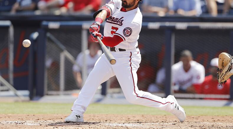 The Nationals’ Adam Eaton bats against the New York Yankees during a Grapefruit League spring training game at FITTEAM Ballpark of The Palm Beaches on March 12, 2020 in West Palm Beach, Florida. (Photo by Michael Reaves/Getty Images)