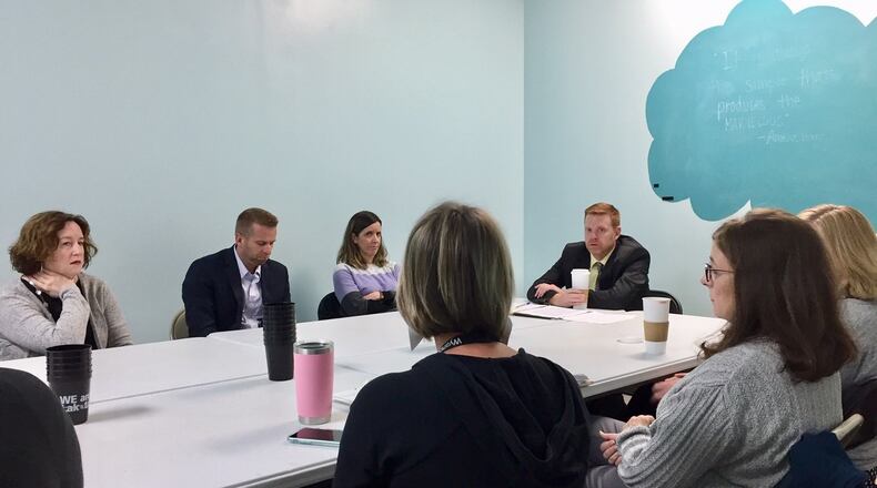 Lakota Schools Superintendent Matt Miller continued his public lobbying against recent changes in Ohio’s EdChoice private school tuition program, which will cost public schools millions of tax dollars, during his coffee chat with school parents Wednesday. The informal, monthly meetings by Miller often cover a wide variety of topics but EdChoice largely dominated this gathering. (Photo By Michael D. Clark/Journal-News)