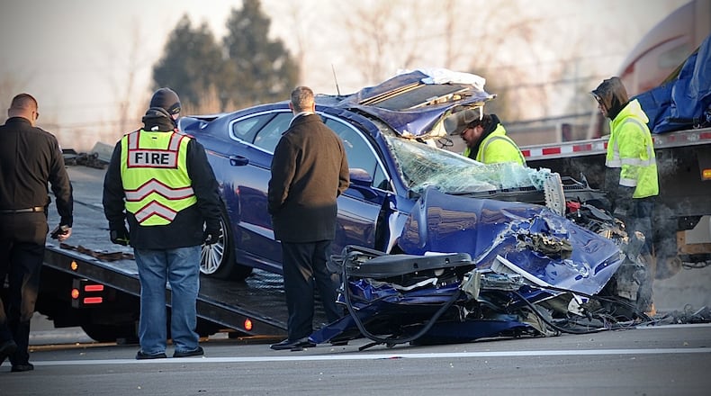 At least one person died following crash involved a car and semi truck on I-75 South near East National Road in Vandalia Wednesday, Dec. 21, 2022. MARSHALL GORBY / STAFF